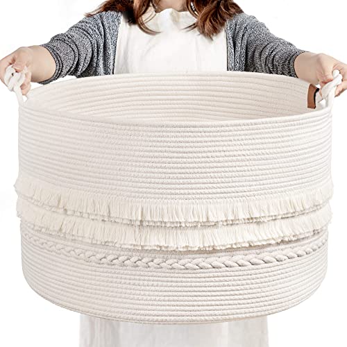 CherryNow Large White Woven Storage Basket, Boho Decorative Basket for Home Decor, Towel basket for Bathroom, Bedroom, Living room, Baby Nursery Basket for Clothes, Toys, Blankets, 22 x 14 inches