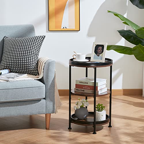 Boho Round End Table with 3 Storage Shelves - Industrial Rustic Brown Side Table for Living Room, Bedroom, Small Spaces