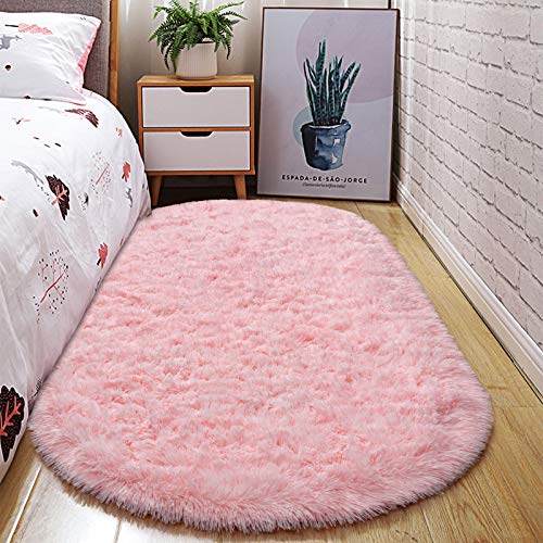 junovo Oval Fluffy Ultra Soft Area Rugs for Bedroom Plush Shaggy Carpet for Kids Room Bedside Nursery Mats, 2.6 x 5.3ft, Pink