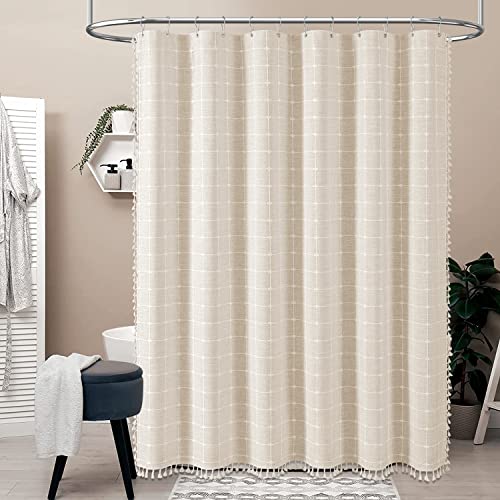 BTTN Boho Farmhouse Shower Curtain Set with Tassel - Linen Rustic Heavy Duty Fabric, Water Repellent, Modern Bohemian French Country Thick Bathroom Shower Curtains - Cream/Beige, 72x72