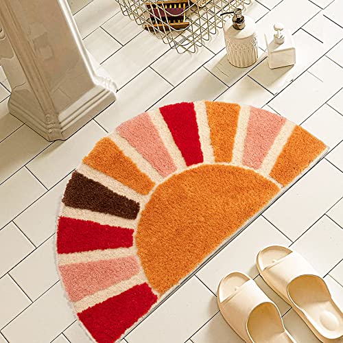 NOTASA Boho Bathroom Rugs Half Circle Bath Mat Cute Bohemian Bath Rug for Bedroom Small Carpet Home Decor Non-Slip Semi Round Shower Rug Funny Washable Indoor Floor Door Mat Sun Retro 16x30inch