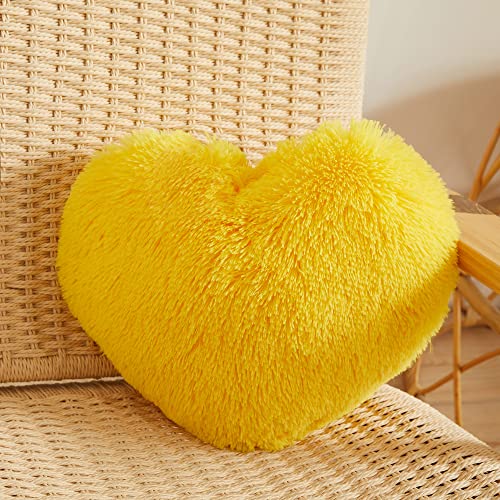 MEGO Fluffy Heart Pillow, Faux Fur Decorative Throw Pillow, Plush Shaggy Heart Shaped Pillow w Insert&Cover, Cute Furry Throw Pillows for Couch Bed Sofa Kid Girls Women Valentine's Day Gift Yellow