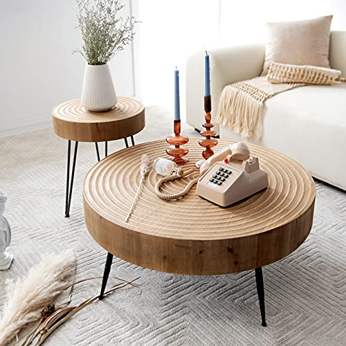 Boho Round Farmhouse Coffee Table Set - 2-Piece Nesting Tables with Handcrafted Wood Ring Motif