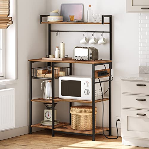 HOOBRO Kitchen Bakers Rack with Power Outlet, Coffee Bar, Microwave Oven Stand with Mesh Basket, Coffee Station with 4 S-Shaped Hook, Kitchen Shelf, for Kitchen, Living Room, Rustic Brown BF05HB01