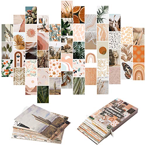 50PCS Boho Aesthetic Pictures Wall Collage Kit, Peach Teal Photo Collection Collage Dorm Decor for Girl Teens and Women, Orange Boho Wall Prints Kit, Small Posters for Room Bedroom Aesthetic