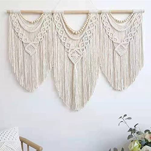 guzhiou large macrame wall hanging - Boho Tapestry Macrame Wall Decor Art- Chic Bohemian Handmade Woven Tapestry Home Decoration for Bedroom Living Room Apartment Wedding Party - 43"x32" (Wood bead)