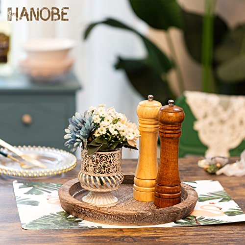 Hanobe Rustic Wooden Serving Tray - Round Wood Butler Decorative Tray Vintage Centerpiece Candle Holder Trays Farmhouse Ottoman Tray for Kitchen Countertop Home Decor for Coffee Table