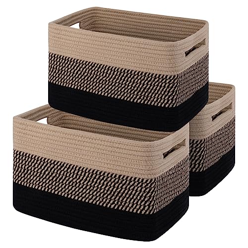 OIAHOMY Storage Basket, Woven Baskets for Storage, Cotton Rope Basket for toys,Towel Baskets for Bathroom - Pack of 3, Black & Brown