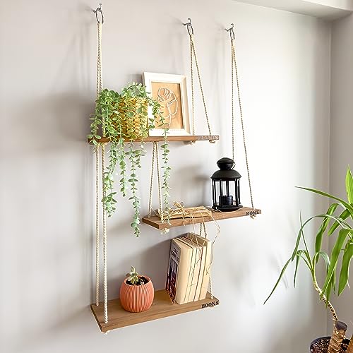 Hanging Shelves for Wall - Boho Shelves Hanging Plant Shelf - Rope Shelf for Wall Decor Living Room Decor Aesthetic - Hanging Wall Shelves for Bedroom Decor Boho Wall Decor Floating Shelves Bathroom