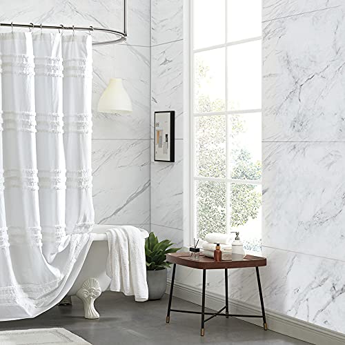 DKNY Chenille Stripe 100% Cotton Fabric Shower Curtain for Bathroom, 72 x 72 inches, White