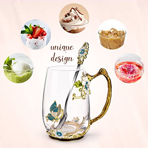 OEAGO Birthday Gifts for Women Mom Glass Coffee Enamels Mug Best Mothers Day Butterfly Gifts for Her from Daughter Son Lead-Free Valentines Day Christmas Tea Cup with Spoon Sets