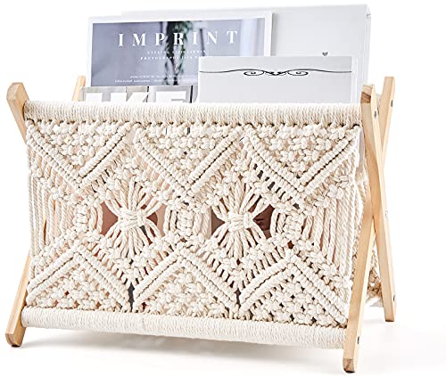 Boho Macrame Magazine Rack - Standing Basket for Books, Newspapers, Swaddle Blankets, and Home Decor - 14"x10" Storage Holder for Dorm, Living Room, Office, Nursery
