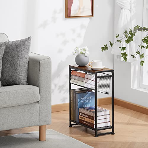 Small Side Table for Small Spaces - Slim End Table with Magazine Holder - 2 in 1 Design Narrow End Table Living Room - Skinny Bedside Table Nightstand Bedroom Thin Side Table, Rustic Brown