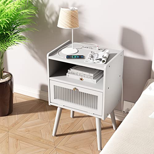 Nightstand with Charging Station and Glass Door - 2-Tier Bedside Table for Bedroom & Living Room