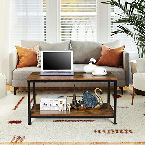 SUPER DEAL 2-Tier Industrial Coffee Table with Storage Shelf for Small Apartment Living Room, Rectangle Wood and Stable Metal TV Stand Side End Table, Retro Brown