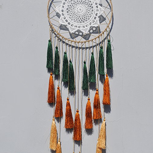 Boho Macrame Dream Catcher - Handmade Tassel Wall Hanging with Feather Ornament for Bedroom Decor, Green Mix, Blessing Gift