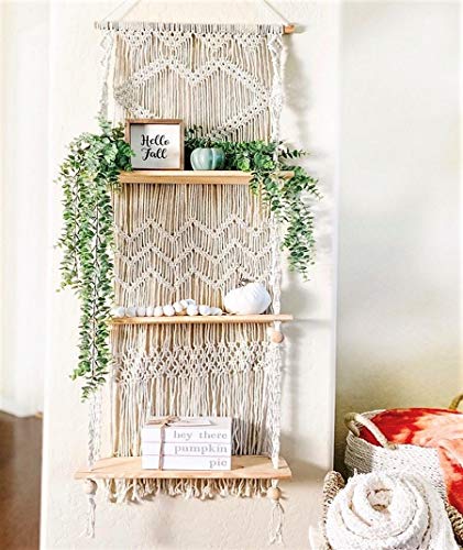 Boho Macrame Wall Hanging Shelf - 3 Tier Woven Rope Plant Hanger, Pine Wood Floating Shelves for Kitchen, Bathroom, Home Decor and Storage