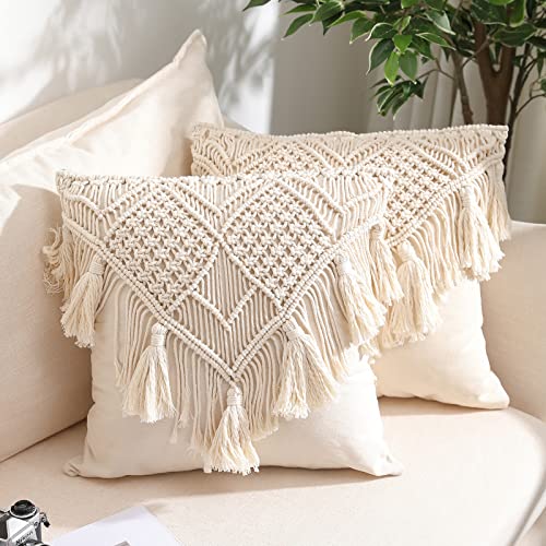 Macrame Throw Pillow Cushion Covers , Woven Boho Bed Sofa Couch Bench Car Home Decor, Comfy Square Pillow Cases with Tassels, Set of 2 Decorative Pillowcase (17X17 inch, Cream)