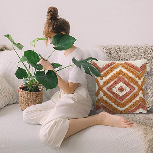 ANGELLOONG Throw Pillow Covers 18x18, Fall Orange Pillow Covers with Tassels, Woven Tufted Boho Pillow Covers for Couch Sofa Bedroom Living Room（No Pillow Insert, 1Pcs）