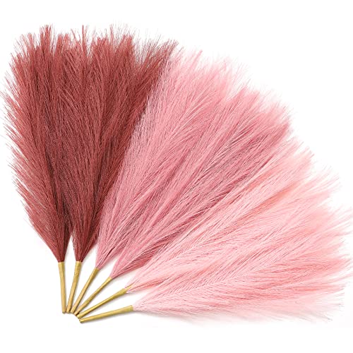 Serwalin Pampas Grass 17.7 Inch 6Pcs, Faux Pampas Pink Pampas Grass Decor, Artificial Small Pampass Grass Fall Boho Decor, Fake Pampas Grass Centerpieces Home Decor Valentine Mother's Day