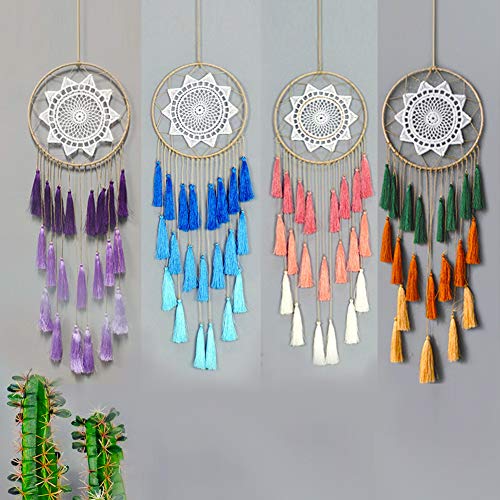Boho Macrame Dream Catcher - Handmade Tassel Wall Hanging with Feather Ornament for Bedroom Decor, Green Mix, Blessing Gift