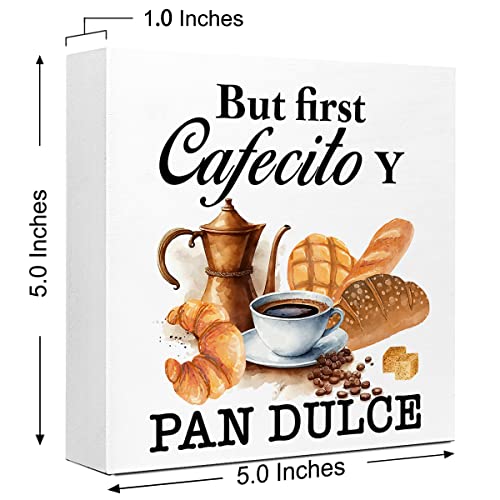 But First Cafecito Y Pan Dulce Wood Box Sign Desk Decor,Rustic Coffee Wood Block Plaque Box Sign Desk Decorations for Home Kitchen Office Shelf Table Decor