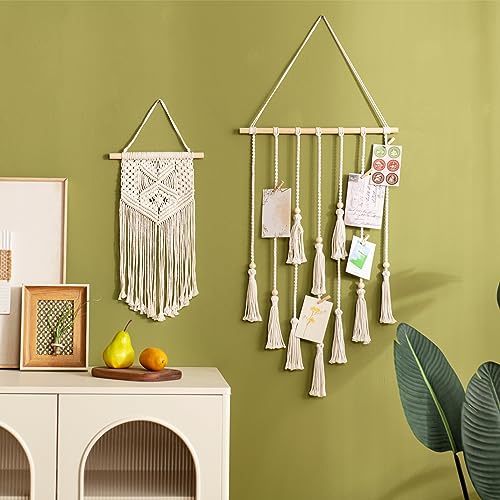 Mkono Hanging Photo Display Macrame Wall Hanging Boho Room Home Office Decor Teen Girl Women Gift Picture Frame Holder Wall Art for Birthday Party Bedroom Dorm, with 30 Wood Clips, Ivory