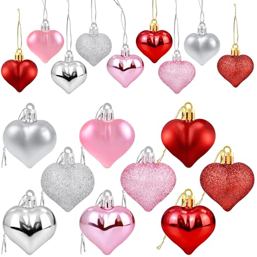36Pcs Valentine's Day Heart Shaped Ornaments | Valentines Heart Decorations | Red Pink Silver Glitter Heart Shaped Baubles | Romantic Christmas Valentine's Day Tree Hanging Decorations