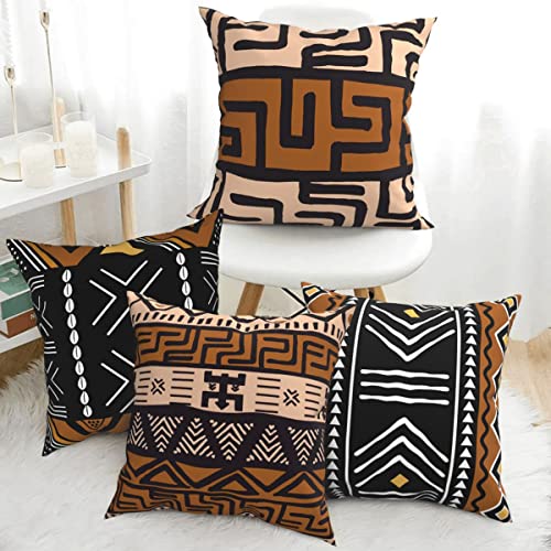 African Mudcloth Throw Pillow Covers 18X18 Brown Boho Ethnic Decorative Pillow Cases Kuba Tribal Mud Cloth Cushion Covers for Chair Couch Home Outdoor Decor Set of 4, Double Side Print