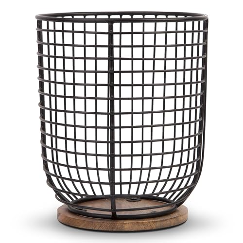 Boho Farmhouse Extra Large Black Utensil Holder with Wooden Base - Kitchen Countertop Organizer