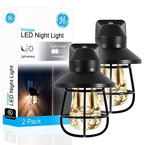 GE LED Vintage Night Light, Plug-in, Dusk-to-Dawn, Farmhouse, Rustic, Home Décor, UL-Certified, Ideal Nightlight for Bedroom, Bathroom, Kitchen, Hallway, 44737, Black, 2 Pack