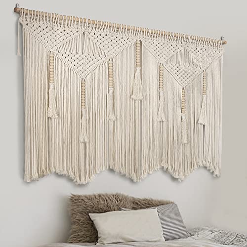 Large Macrame Wall Hanging 43.3" × 39.4" Boho Tapestry Woven Wall Decor- Cotton Tassel Macrame Curtain Beige Chic Bohemian Wall Art for Home Living Room Bedroom Dorm Wedding (Includes Hanging Rod)