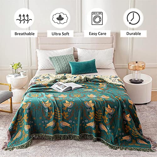 Boho Throw Blanket for Bed - 100% Cotton Ultra Soft Rustic Quilt - Bird Floral Printed Farmhouse Decor Bed Blankets,60"×80" All Season Rustic Throw for Sofa Couch Chair