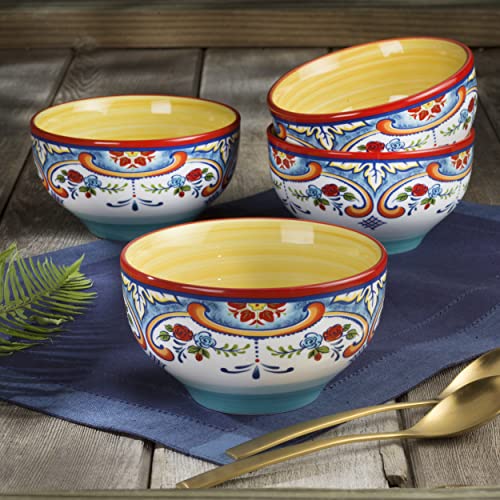 Euro Ceramica Zanzibar Collection 16 Piece Dinnerware Set Kitchen and Dining, Service for 4, Spanish Floral Design, Multicolor, Blue and Yellow