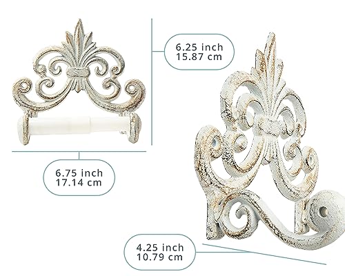 Decorative Cast Iron Fleur De Lis Toilet Paper Roll Holder - Wall Mounted, Antique White, Vintage Rustic Design - Bathroom Accessory with Easy Installation - Included Screws and Anchors