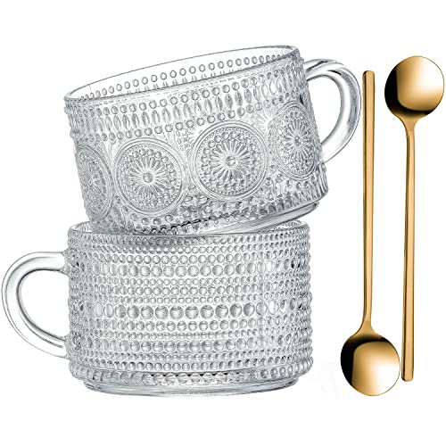 Boho Vintage Glass Coffee Mugs (Set of 2) - Clear Embossed Tea Cups for Cappuccino, Latte - Cute Gift