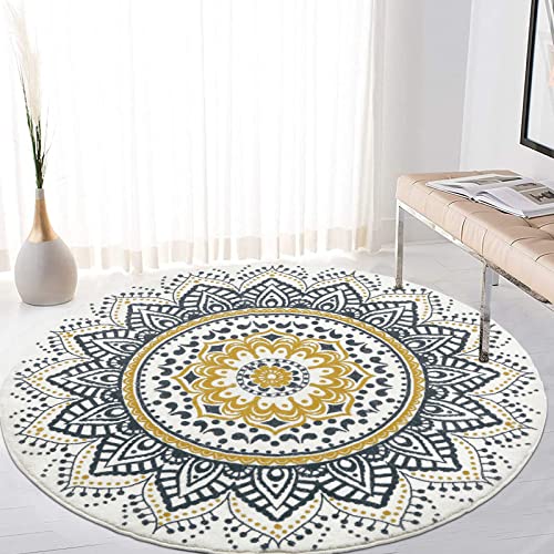 HEBE 4 Ft Round Area Rug Soft Chic Bohemian Mandala Rugs Machine Washable Non Slip Indoor Sofa Floor Mat Carpet for Living Room Bedroom Nursery Decor, Yellow