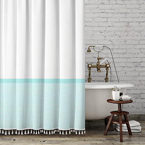 White Shower Curtain Aqua Striped with Tassels Summer Ocean Beach Theme Ombre Bathroom Shower Curtain Set with Rings Sea Mint Green Spa Blue,72 x72