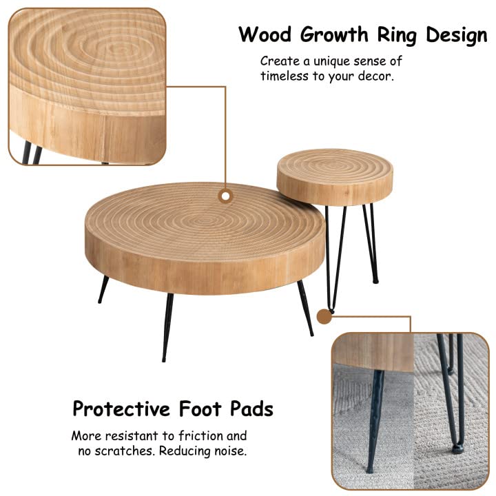 Boho Round Farmhouse Coffee Table Set - 2-Piece Nesting Tables with Handcrafted Wood Ring Motif