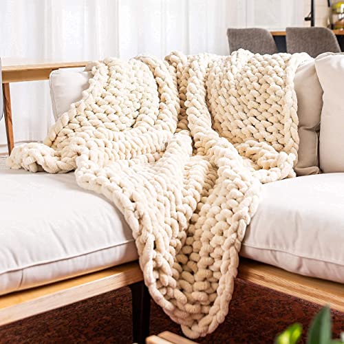 SAMIAH LUXE Large Beige White Chunky Knit Blanket Throw 50x70;Knitted Throw Blankets for Boho Decor,Large Knit Blanket Chunky Yarn;Thick Knitted Blanket Chunky;Thick Cable Knit Throw for Couch/King
