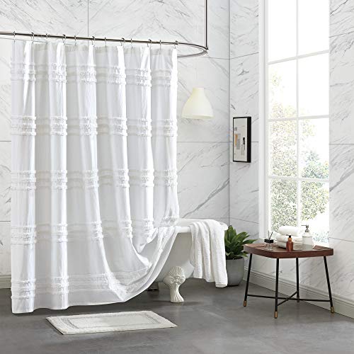 Boho Chenille Stripe Shower Curtain - 100% Cotton Fabric, 72 x 72 inches, White, for Bathroom Decor