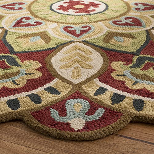 Boho Floral Wool Area Rug, 5' Round, Red & Taupe