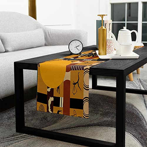 LeoHome African Black Woman Cotton Linen Rectangle Table Runners 14''x72'', Elephant and Giraffe Luxury Table Runners for Wedding Party Banquet Dinner Decor
