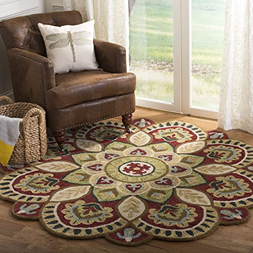 Boho Floral Wool Area Rug, 5' Round, Red & Taupe