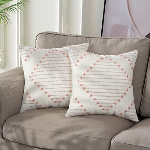 blue page Boho Decorative Throw Pillow Covers 18x18 Set of 2 Tufted Farmhouse Pillow Covers for Couch Sofa Bed Living Room, Modern Accent Pink and Cream White Neutral Weave Pillow Covers