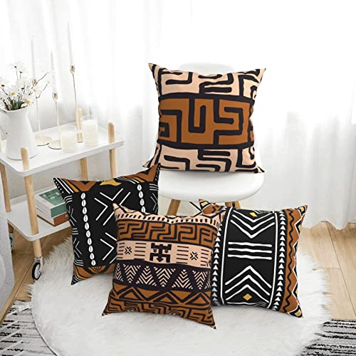African Mudcloth Throw Pillow Covers 18X18 Brown Boho Ethnic Decorative Pillow Cases Kuba Tribal Mud Cloth Cushion Covers for Chair Couch Home Outdoor Decor Set of 4, Double Side Print