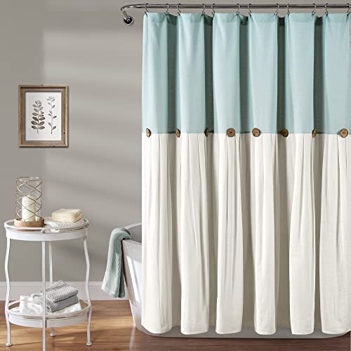 Linen Button Farmhouse Shower Curtain, Pleated Two Tone Design, Blue & Off-White, 72" x 72"