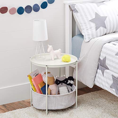 Amazon Basics Round Storage End Table, Side Table with Cloth Basket, White/Heather Gray, 17.7 in x 17.7 in x 18.9 in