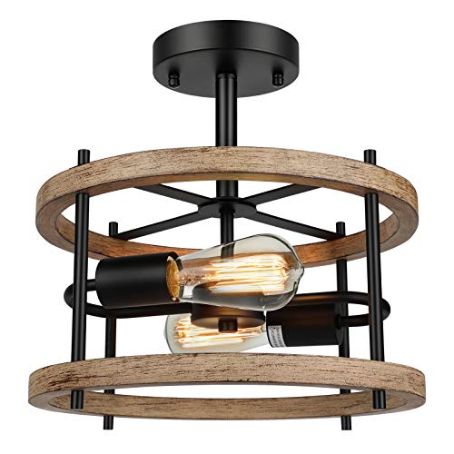 Vintage Wood Ceiling Light Fixture, 2-Light Retro Semi Flush Mount Black Metal Industrial Farmhouse Lamp