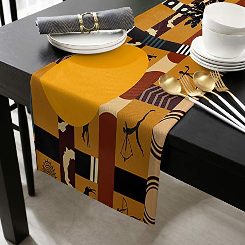 LeoHome African Black Woman Cotton Linen Rectangle Table Runners 14''x72'', Elephant and Giraffe Luxury Table Runners for Wedding Party Banquet Dinner Decor